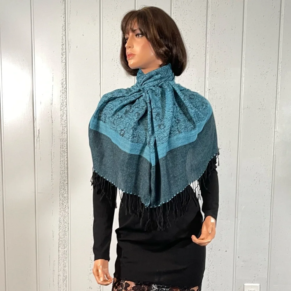 Women's Blue & Black Paisley Print Shawl Scarf with Fringe